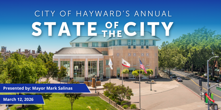 Hayward City Hall on a sunny day with the text 2026 State of the City