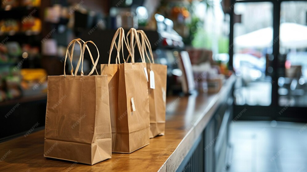Three paper shopping bags on a counter