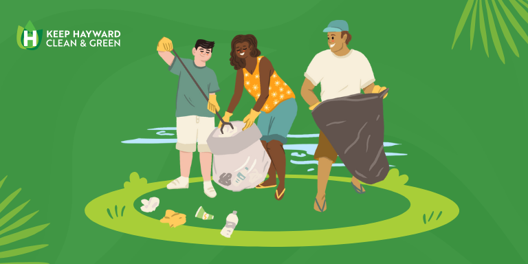 A drawing of people cleaning and greening