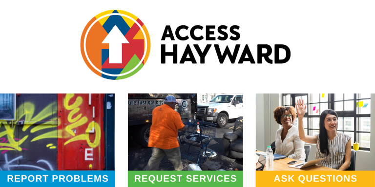 The Access Hayward logo over a picture of graffiti, a person picking up litter and a person talking