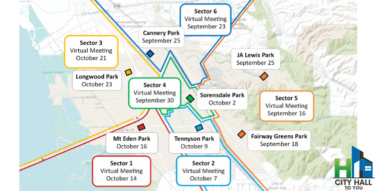 Map of the City of Hayward showing the different meeting locations