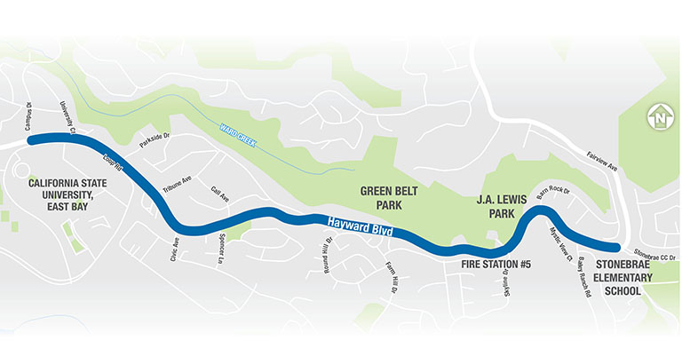 A map of Hayward Boulevard