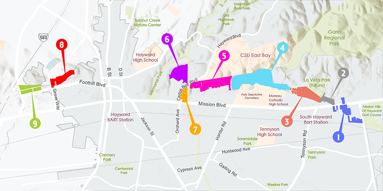 Color map of Hayward - each parcel is called out in a different color and labeled with a number 