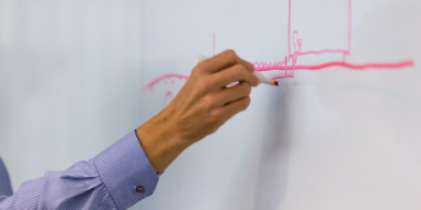 A person drawing a plan on a dry erase board