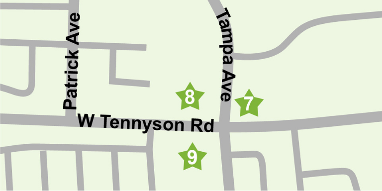Green and grey map of Tennyson Rd. From Tampa to Patrick Ave.. 