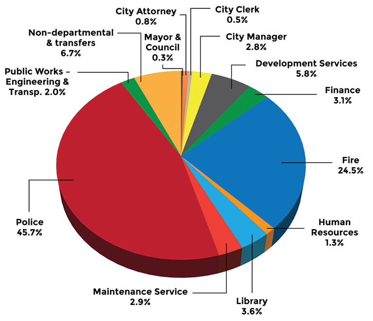 Brightly colored pie chart showing the expenditures by department 
