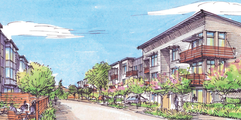 Drawing of multifamily housing on clean street. There is a blue sky.
