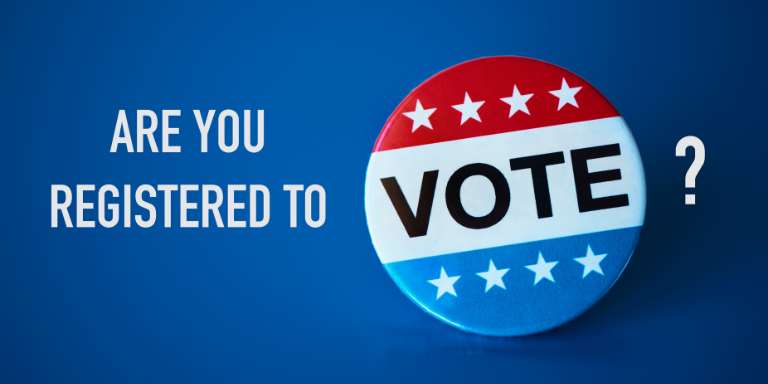 How to register to vote Vote button on a blue background with the text: Are you registered to vote?