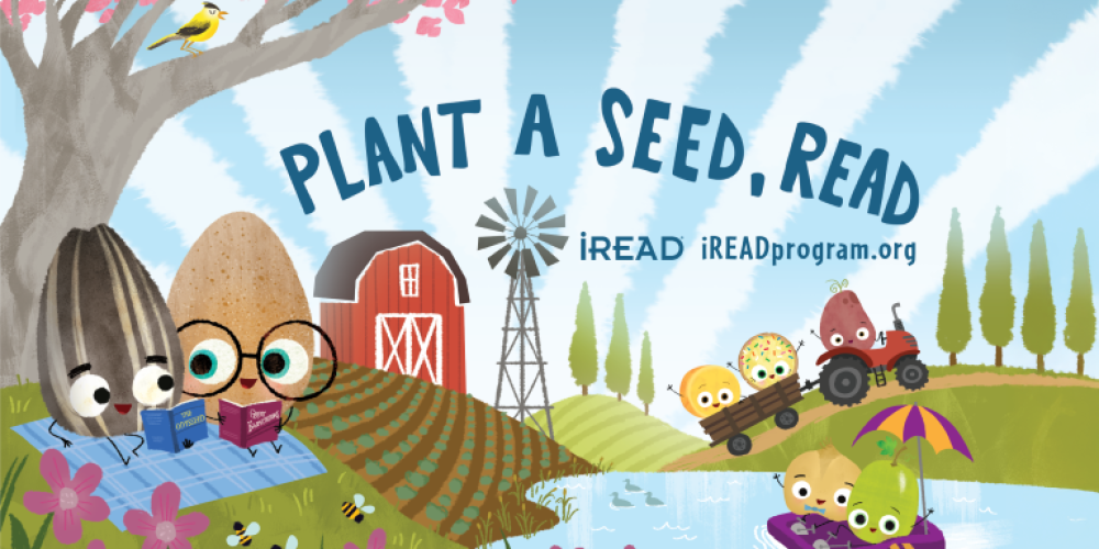 Plant a seed, read. Illustration of seeds reading.