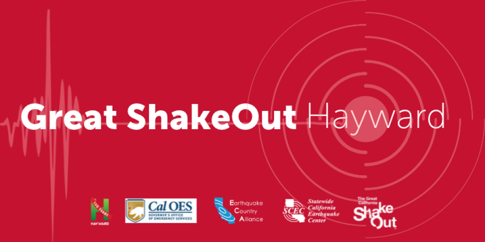 Red graphic with text reading Great ShakeOut Hayward and logos of participating organizations below it.