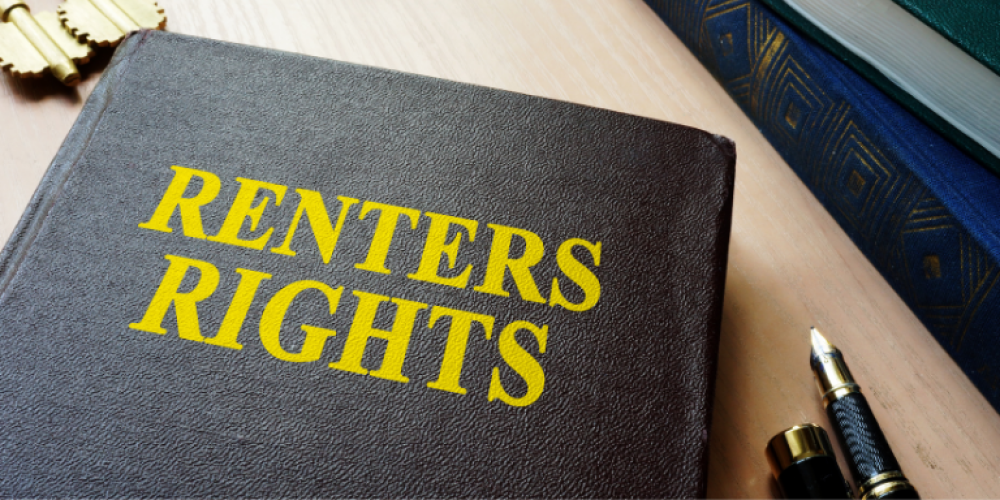 A blue leather book with gold text that says: Renters Rights
