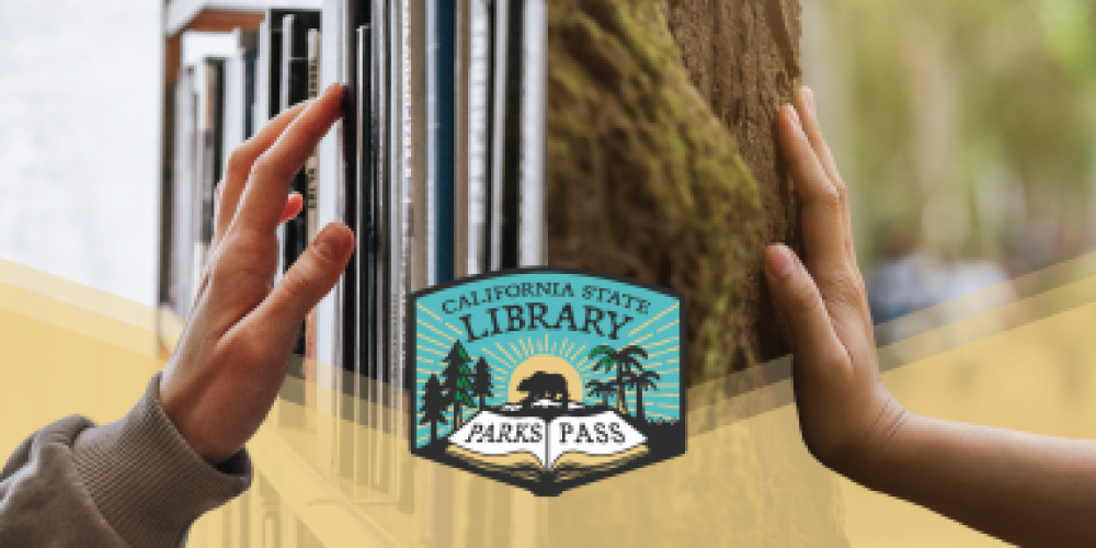 A hand touching a shelf of books across from a hand touching the bark of a tree. In the center is the California State Library Parks Pass Logo
