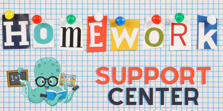 A cartoon octopus and the words "Homework Support Center"
