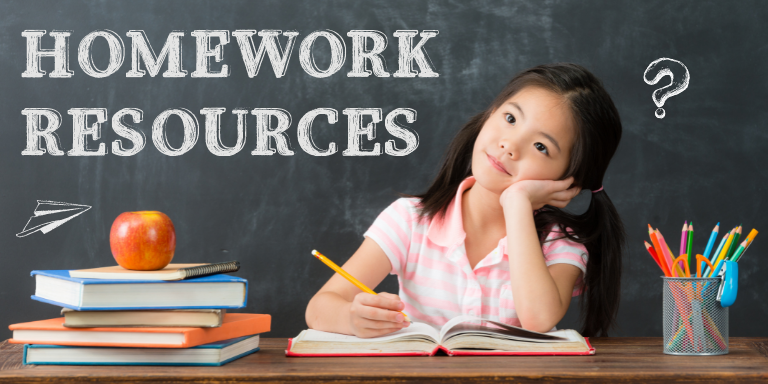 A girl with pigtails sitting at a desk in front of a chalkboard with the text: Homework Resources