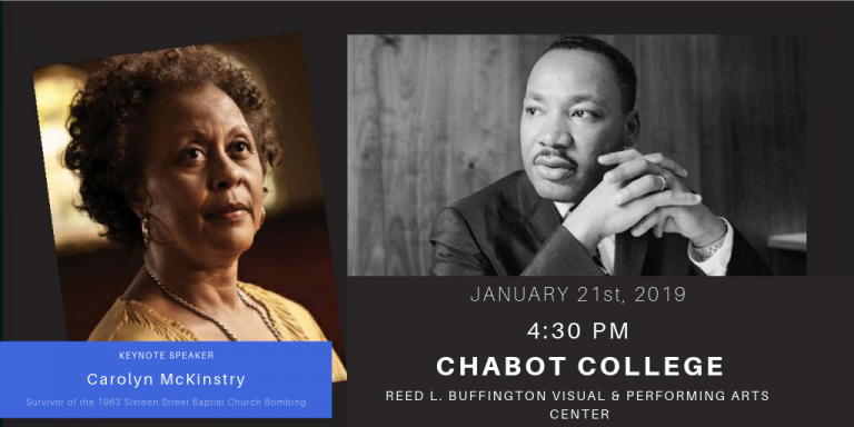 A photo of Carolyn McKinstry next to a photo of Dr. Martin Luther King Jr. against a black background. There is whiter text stating the date time and location of the event