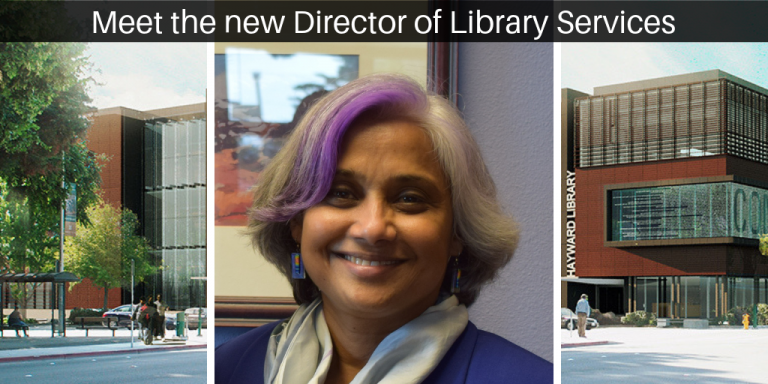 Rendering of the new Hayward Library. There is a black box on top of the photo with white words reading: Meet the new Director of Library Services. In the Center of the photo is a photo of the new Director of Library Services, Jayanti Addleman. 