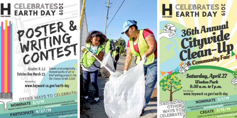 Poster and writing contest flyer, a woman and child picking up trash and the Flyer for the City Wide Clean-up