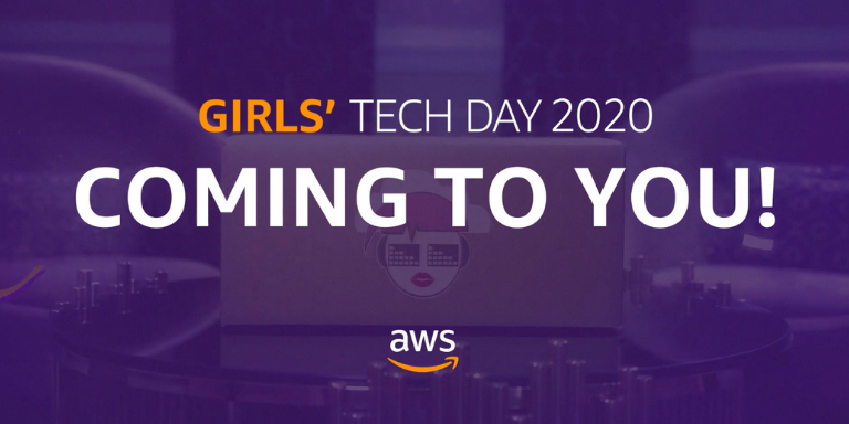 A purple screen with the text: 2020 Girls' Tech Day Coming to You