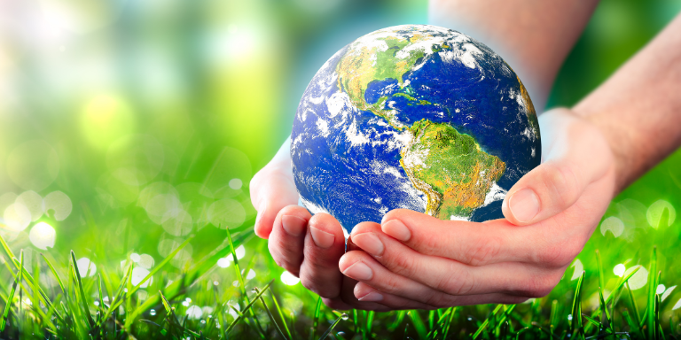 Image of a person's hands holding the earth with a grassy background.