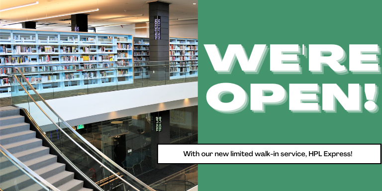 The second floor of the Downtown Library next to the text: We're open