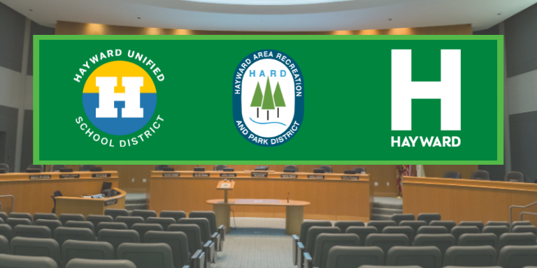 Hayward Council Chambers with logos from Hayward Unified School District, Hayward Area Recreation and Parks District and the City of Hayward