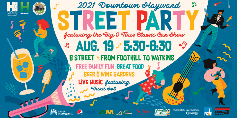 A colorful event flyer with cartoon drawings of instruments and people dancing