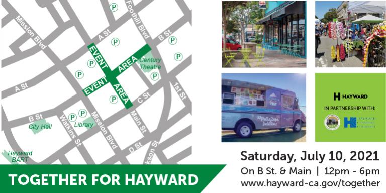 A map of downtown Hayward and images of businesses and vendors