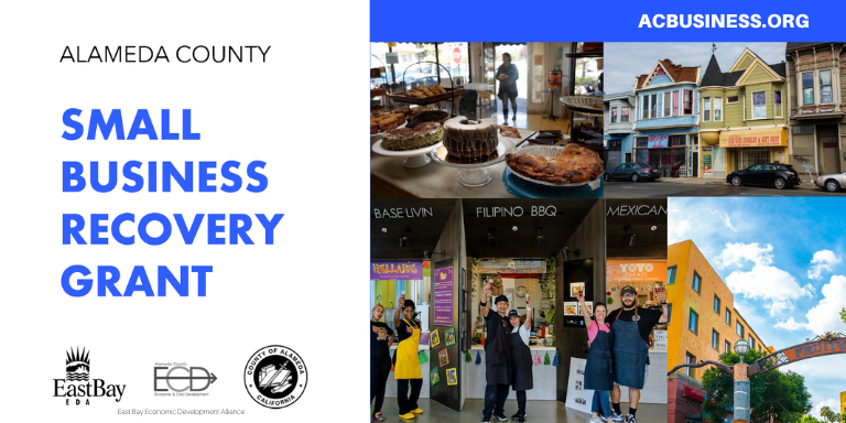 The text, Alameda County Small Business Recovery Grants, next to small businesses in Alameda County