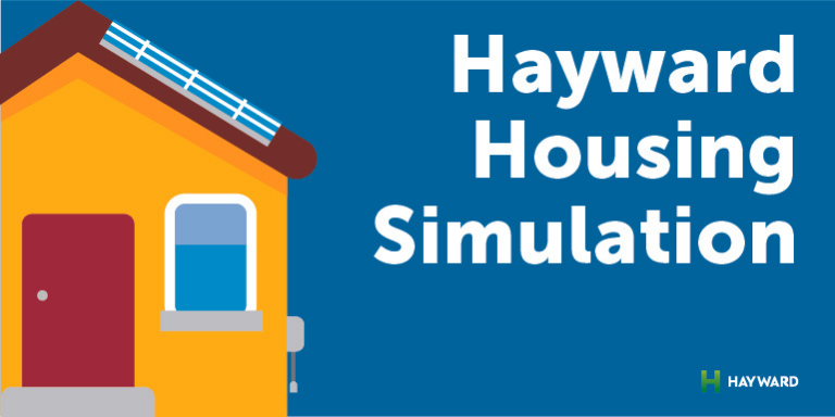 A yellow house on a blue background with the text "Hayward Housing Simulation"