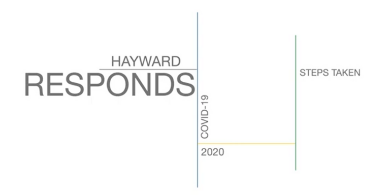 A graphic with multi-colored lines vertically and horizontally positioned with the text: Hayward Responds: COVID-19 2020 Steps Taken.