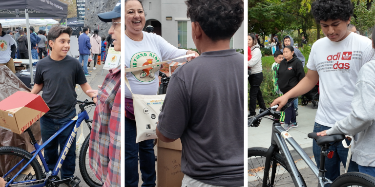 People receiving bikes from Hayward Rides