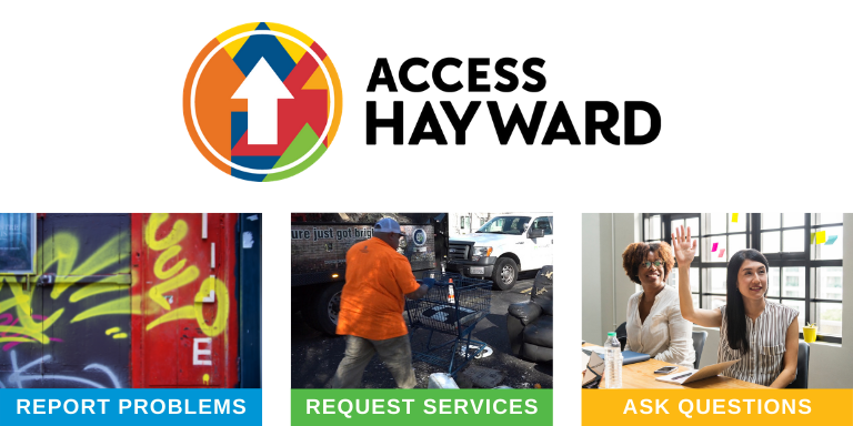 The Access Hayward logo above an image of graffitti, a person picking up litter, and a person talking