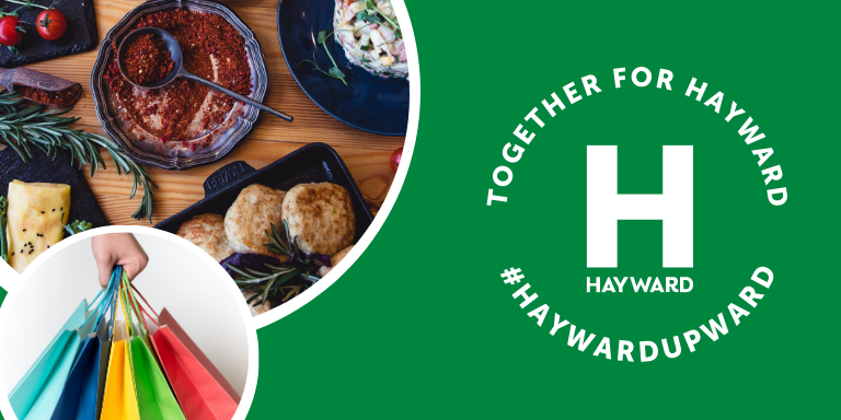 Graphic of food and shopping bags with the logo Together for Hayward #HaywardUpward.