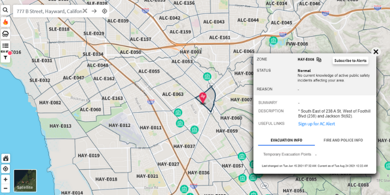 A photo of the Zonehaven Aware interactive map highlighting Hayward and the different zones that are assigned to the City. 