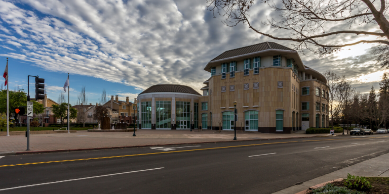 Hayward City Hall on a partly cloudy day