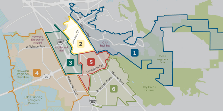 Map of the Hayward districts with District 2 highlighted.
