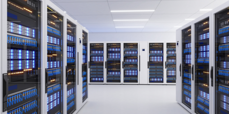 Photo of a data center with servers.