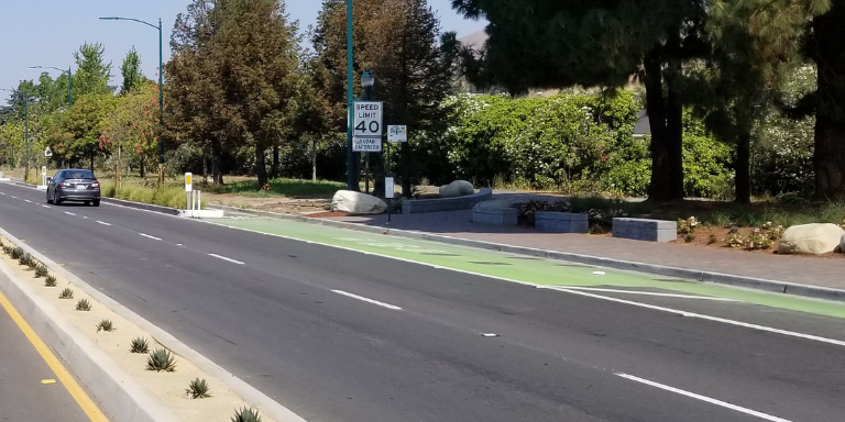 A green bike lane on a portion of Mission Blvd. near Fairway Park in Hayward