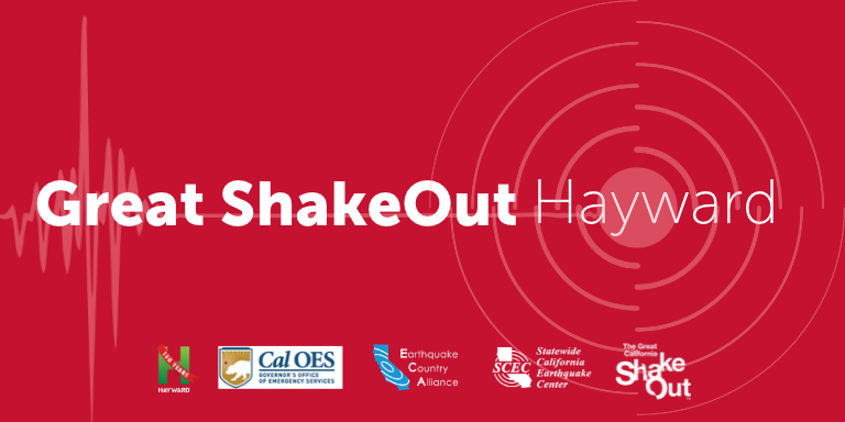 Red graphic with text reading Great ShakeOut Hayward and logos of participating organizations below it.