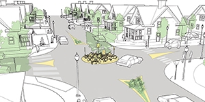 A roundabout in the middle of a residential neighborhood